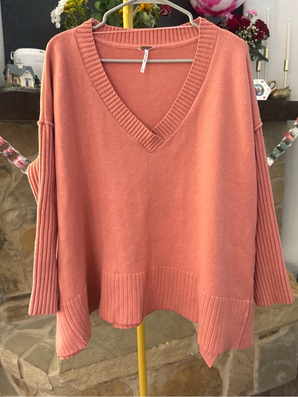Free People Coral-Peach V-Neck Oversized Sweater